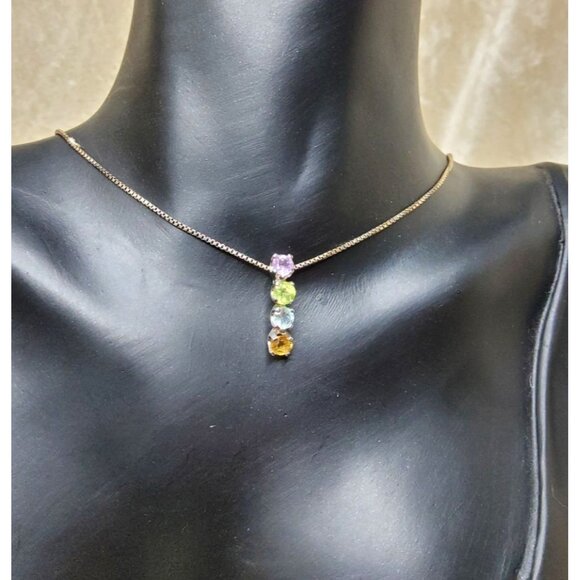 ati Jewelry - vintage ati sterling silver rainbow gemstones bar pendant necklace